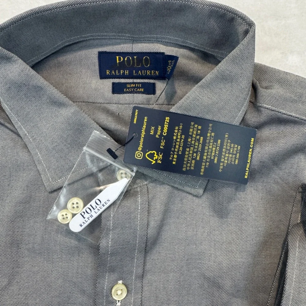Polo Ralph Lauren Men 17 34/35 Slim Fit Easy Care Grey Dress Shirt NWT